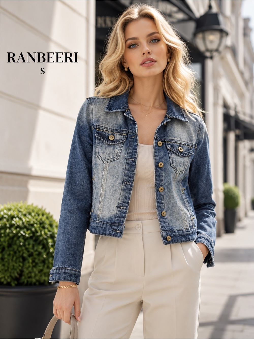 Ranbeeri Denim Jean Jacket Acid Wash Distressed Blue Size S